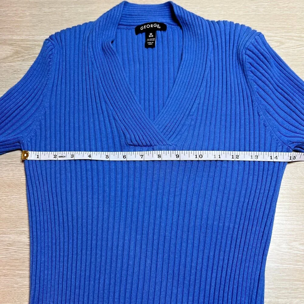 George Sweater Womens L Cornflower Blue Ribbed V-Neck Half Sleeve